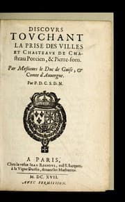 Tapa de Discours touchant la prise des villes et chasteaux de Chasteau Porcien, & Pierre-fons