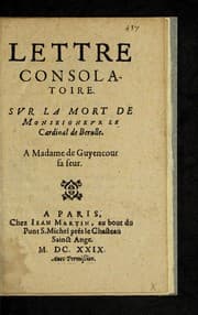 Tapa de Lettre consolatoire svr la mort de Monseignevr le Cardinal de Berulle