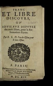 Tapa de Franc et libre discovrs, ov Advis avx depvtez des trois Estats, pour la reformation d'iceux