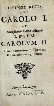 Tapa de Defensio regia, pro Carolo I. ad serenissimum Magnae Britanniae regem Carolum II. filium natu majorem, heredem & successorem legitimum