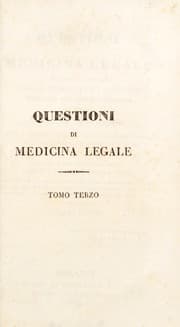 Tapa de Questioni di medicina legale secondo lo spirito delle leggi civili e penali veglianti nei governi d'Italia ... Opera rifatta da esso sulla forma antica e portata a livello delle cognizioni attuali