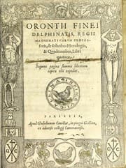 Tapa de Orontii Finei Delphinatis, regii mathematicarvm professoris, De solaribus horologiis, & quadrantibus, libri quatuor. Sequens pagina summa librorum capita tibi expediet
