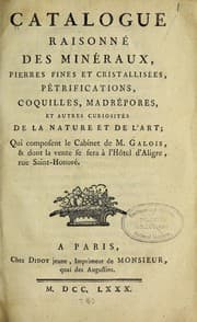 Tapa de Catalogue raisonné des minéraux, pierres fines et cristallisées, pétrifications, coquilles, madrépores, et autres curiosités de la nature et de l'art