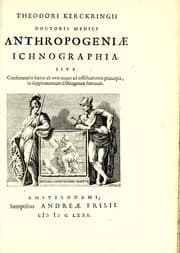 Tapa de Theodori Kerckringii doctoris medici anthropogeniae ichnographia, sive, Conformatio foetus ab ovo usque ad ossificationis principia