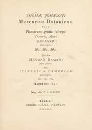 Tapa de Mercurius botanicus. Sive plantarum grati©Ø suscepti itineris, anno MDCXXXIV descriptio ... Ejusdem Mercurii botanici pars altera. Sive itineris in Camriam descriptio ... Londini 1641