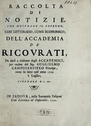 Tapa de Raccolta di notizie, che mostrano il governo, cosi' letterario, come economico, dell'Accademia de ricovrati