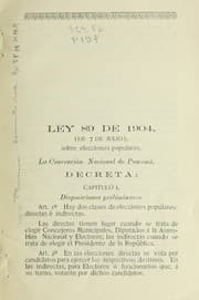 Tapa de Ley numero 89 de 1904, (sobre elecciones populares)disposiciones posteriores de cara cter administrativo y modelos