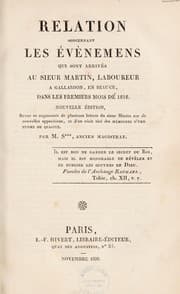 Tapa de Relation concernant les évènemens qui sont arrivés à sieur Thomas Martin, laboureur à Gallardon, en Beauce, dans les premiers mois de 1816