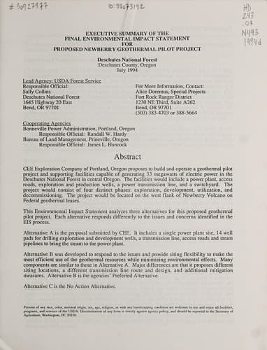 Tapa de Newberry geothermal pilot project