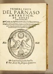 Tapa de Primera parte del Parnaso Antartico, de obras amatorias