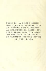 Tapa de Prose di m. Pietro Bembo nelle qvali si ragiona della volgar lingua