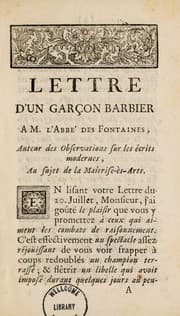 Tapa de Lettre d'un garçon barbier à M. l'Abbé des Fontaines, auteur des Observations sur les écrits modernes, au sujet de la Maîtrise-ès-Arts