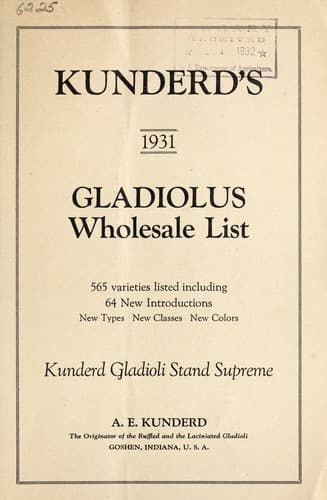 Tapa de Kunderd's gladiolus wholesale list, 1931