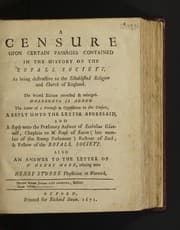 Tapa de A censure upon certain passages contained in the History of the Royall Society, as being destructive to the established religion and Church of England
