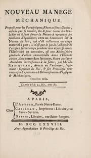 Tapa de Nouveau manege méchanique, proposé pour les paralytiques, rhumatismes, goutes ... etc. ... avec un sommaire sur la nature du feu, qui n'est nullement un corps matériel à part