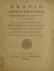 Tapa de Oratio anniversaria, quam ex Harveii instituto in theatro Collegii Regalis Medicorum Londinensis die Octobris 18 a MDCCLIX
