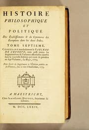Tapa de Histoire philosophique et politique des établissements & du commerce des Européens dans les deux Indes. Tome septieme