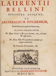 Tapa de Opuscula aliquot ad Archibaldum Pitcarnium. In quibus praecipue agitur de motu cordis in et extra uterum, ovo, ovi aere et respiratione. De motu bilis et liquidorum omnium per corpora animalium. De fermentis et glandulis, etc