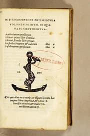 Tapa de M. T. Ciceronis De philosophia volumen primum, in quo haec continentur. Academicarum quæstionum editionis primæ liber secundus. Editionis secundæ liber primus. De finibus bonorum & malorum libri V. Tusculanarum quæstionum libri V.