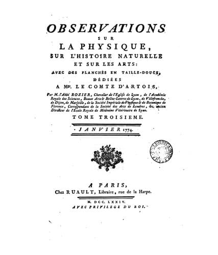 Tapa de Observations sur la Physique. Janvier 1774