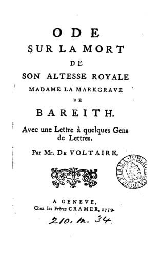 Tapa de Ode Sur La Mort De Son Altesse Royale De Bareith