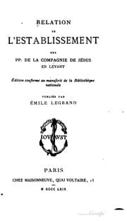 Tapa de Relation de l'establissement des PP. de la Compagnie de Jésus en Levant