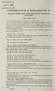 Tapa de Supplement to Hydrographic Office publication no. 144, Sailing directions for the south coast of England
