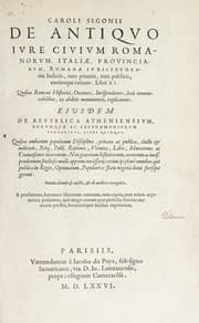 Tapa de Caroli Sigonii De antiqvo ivre civivm Romanorvm Italiae, provinciarvm, Romanae ivrisprvdentiae iudiciis, tum priuatis, tum publicis, eorúmque ratione libri XI