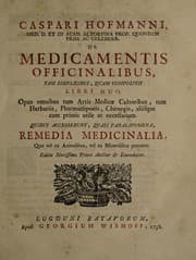 Tapa de De medicamentis officinalibus, tam simplicibus quam compositis, libri duo. Accesserunt quasi paralipomena, quae vel ex animalibus, vel ex mineralibus petuntur ...