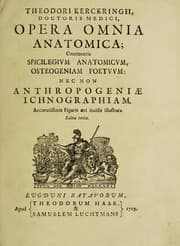 Tapa de Theodori Kerckringii, doctoris medici, Opera omnia anatomica; continentia Spicilegivm anatomicvm, Osteogeniam foetvvm: nec non Anthropogeniae ichnographiam. Accuratissimis figuris aeri incisis illustrata