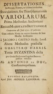 Tapa de Dissertationes in novam, tutam, ac utilem methodum inoculationis, seu transplantationis variolarum