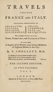 Tapa de Travels through France and Italy. Containing observations on character, customs, religion, government, police, commerce, arts, and antiquities. With a particular description of the town, territory, and climate of Nice ...