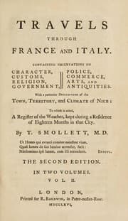 Tapa de Travels through France and Italy. Containing observations on character, customs, religion, government, police, commerce, arts, and antiquities. With a particular description of the town, territory, and climate of Nice ...