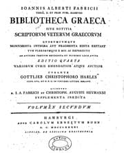 Tapa de Ioannis Alberti Fabricii, Theol. D. et prof. publ. Hamburg Bibliotheca Graeca, sive, Notitia scriptorum veterum Graecorum quorumcumque monumenta integra aut fragmenta edita exstant tum plerorumque e mss. ac deperditis ab auctore tertium recognita et plurimis locis aucta