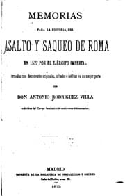 Tapa de Memorias para la historia del asalto y saqueo de Roma en 1527 por el Ejército Imperial