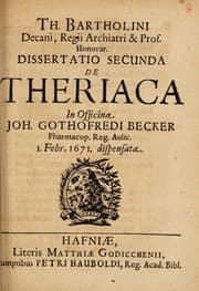 Tapa de Th. Bartholini Decani, regii archiatri & prof. honorar. Dissertatio prima de theriaca