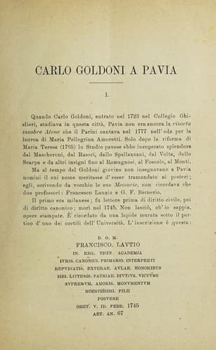 Tapa de Carlo Goldoni a Pavia