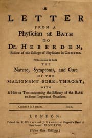 Tapa de A letter from a physician at Bath to Dr. Heberden ... Wherein are set forth the nature, symptoms, and cure of the malignant sore-throat ; with a hint or two concerning the efficacy of the bark