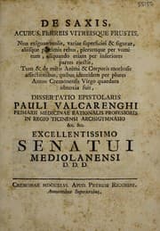 Tapa de De saxis, acubus, ferreis vitreisque frustis ... plerumque per vomitum, aliquando etiam per inferiores partes ejectis ... dissertatio epistolaris