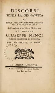 Tapa de Discorsi sopra la ginnastica e sopra l'utilitá dell'osservazione nella medicina pratica coll'aggiunta d'un istoria medica rara