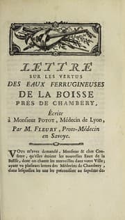 Tapa de Lettre sur les vertus des eaux ferrugineuses de la Boisse, près de Chambéry