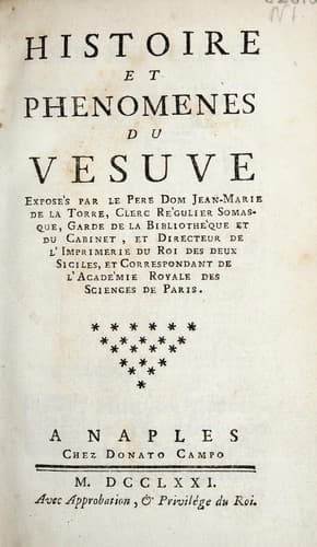 Tapa de Histoire et phénomènes de Vésuve. Exposès par le pere dom Jean-Marie de la Torre...