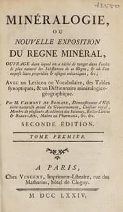 Tapa de Minéralogie, ou nouvelle exposition du regne minéral ... avec un lexicon ou vocabulaire, des tables synoptiques & un dictionnaire minéralogico géographique