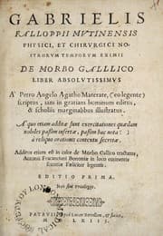 Tapa de Gabrielis Falloppii Mutinensis physici, et chirurgici nostrorum temporum eximii De morbo galllico [sic] liber absolutissimus