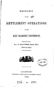 Tapa de REPORT OF THE SETTLEMENT OPERATIONS OF THE RA'I BARELI DISTRICT.