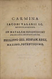 Tapa de [Carmina Iacobi Valerii, Mediolanensis. In natalem serenissimi principis Hispaniarvm]