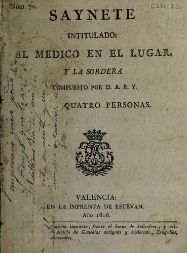 Tapa de Saynete nuevo intitulado: el medico en el lugar y la sordera