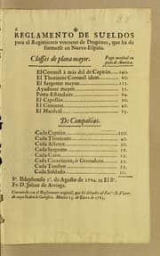 Tapa de Reglamento de sueldos para el regimiento veterano de dragónes, que há de formarse en Nueva-España
