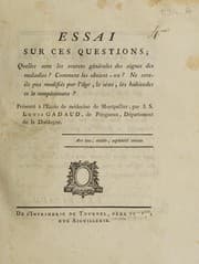 Tapa de Essai sur ces questions; quelles sont les sources générales des signes des maladies? Comment les obtient-on? Ne sont-ils pas modifiés par l'âge, le sexe, les habitudes et le tempérament?