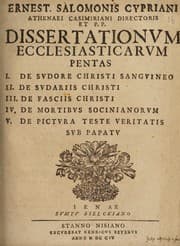 Tapa de Dissertationum ecclesiasticarum pentas. I. De sudore Christi sanguineo. II. De sudariis Christi. III. De fasciis Christi. IV. De mortibus Socinianorum. V. De pictura teste veritatis sub Papatu